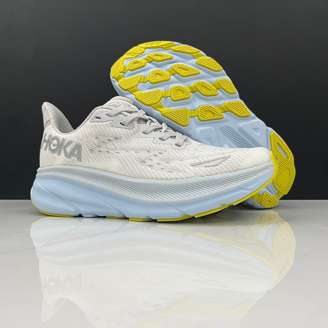 Gray and Blue HOKA Clifton 9 Running Shoes - product image from the listing.