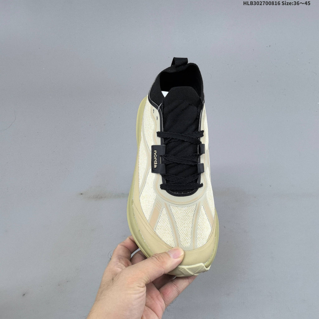 Cream and Black Norda 055 Trail Running Shoes - product image from the listing.