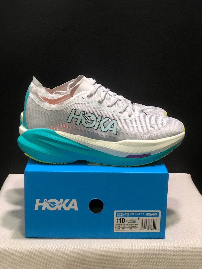 HOKA Mach X 2 Running Shoes, in White and Turquoise - product image from the listing.