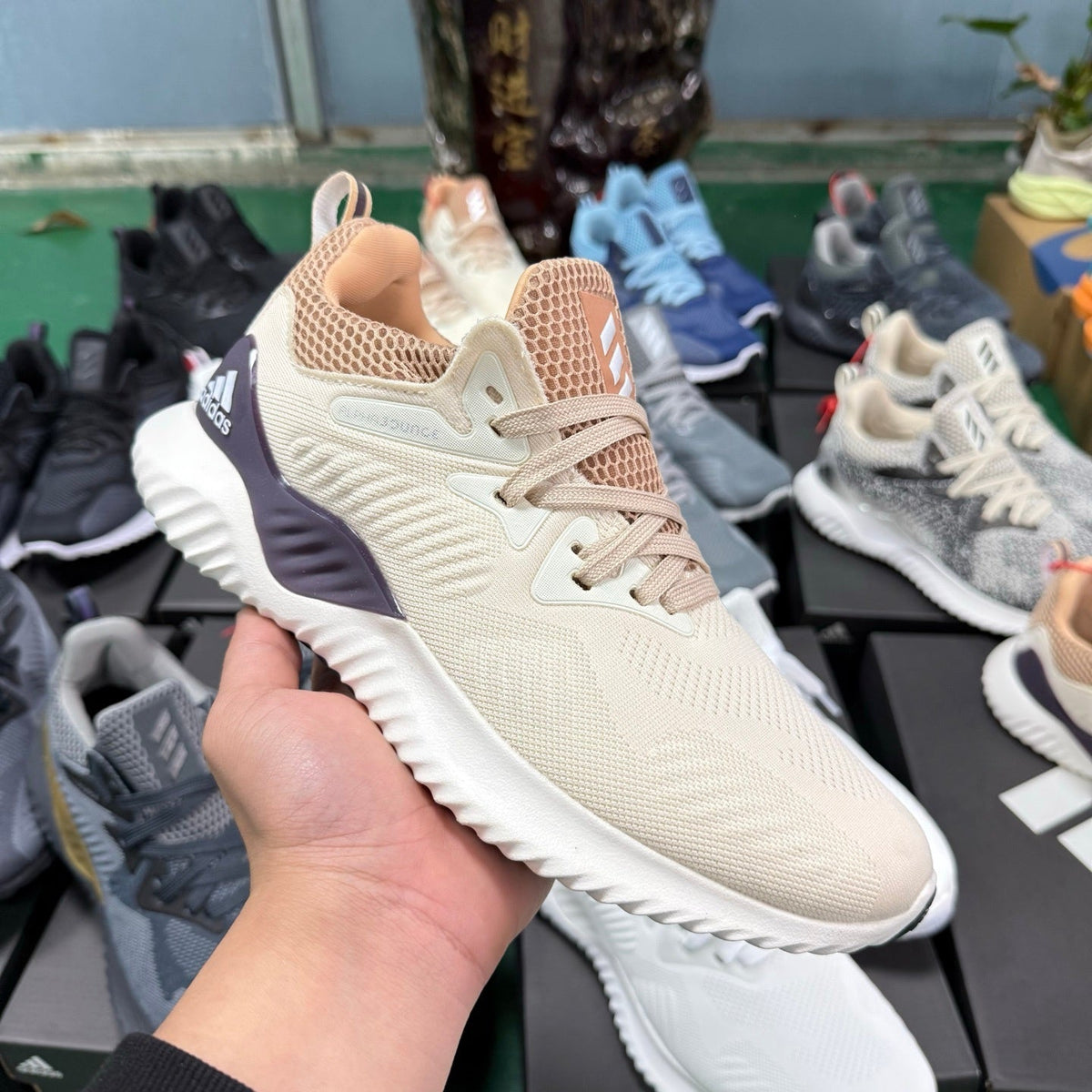 Adidas AlphaBounce Beyond M Trainers in Cream and Lavender - product image from the listing.