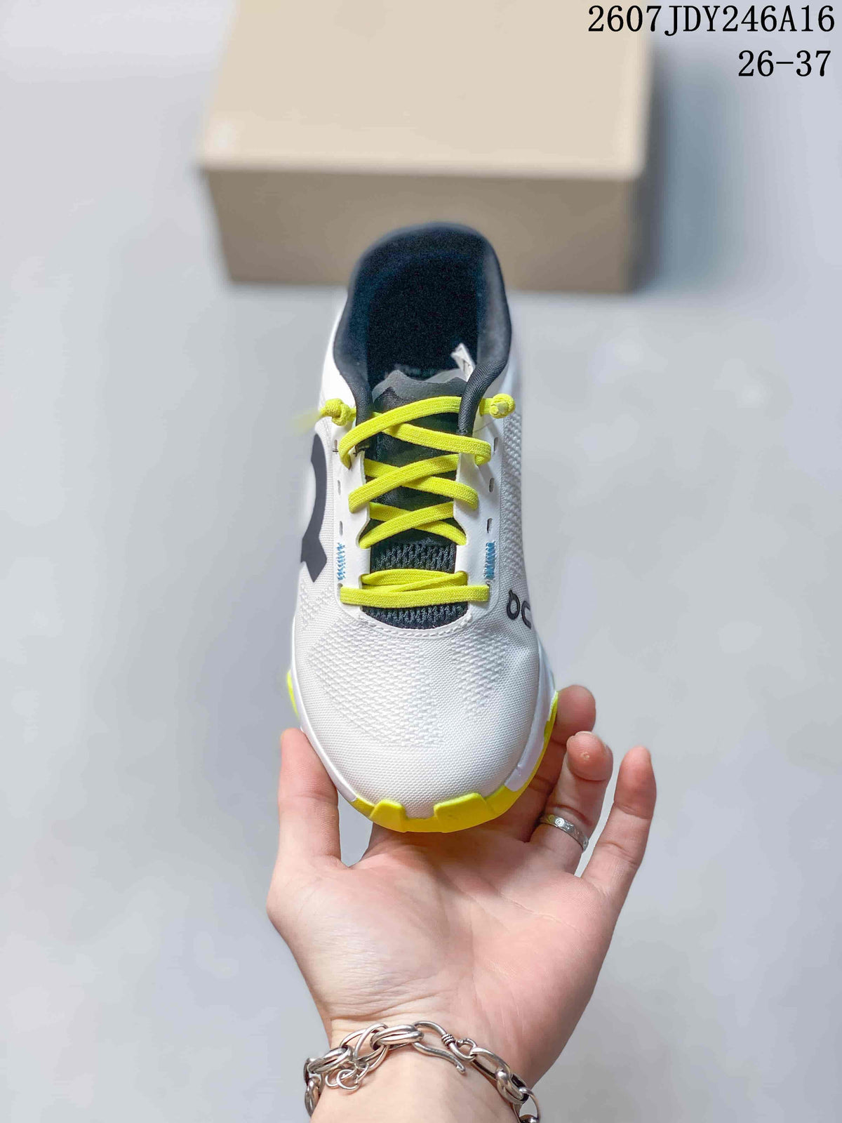 On Cloudstratus 3 Kids' Running Shoes in White and Lime - product image from the listing.
