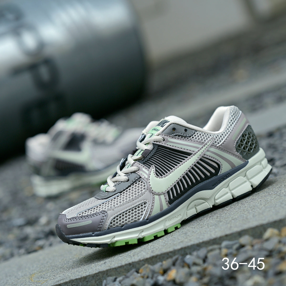 Gray and Volt Green Nike Air Zoom Vomero 5 Sneakers - product image from the listing.