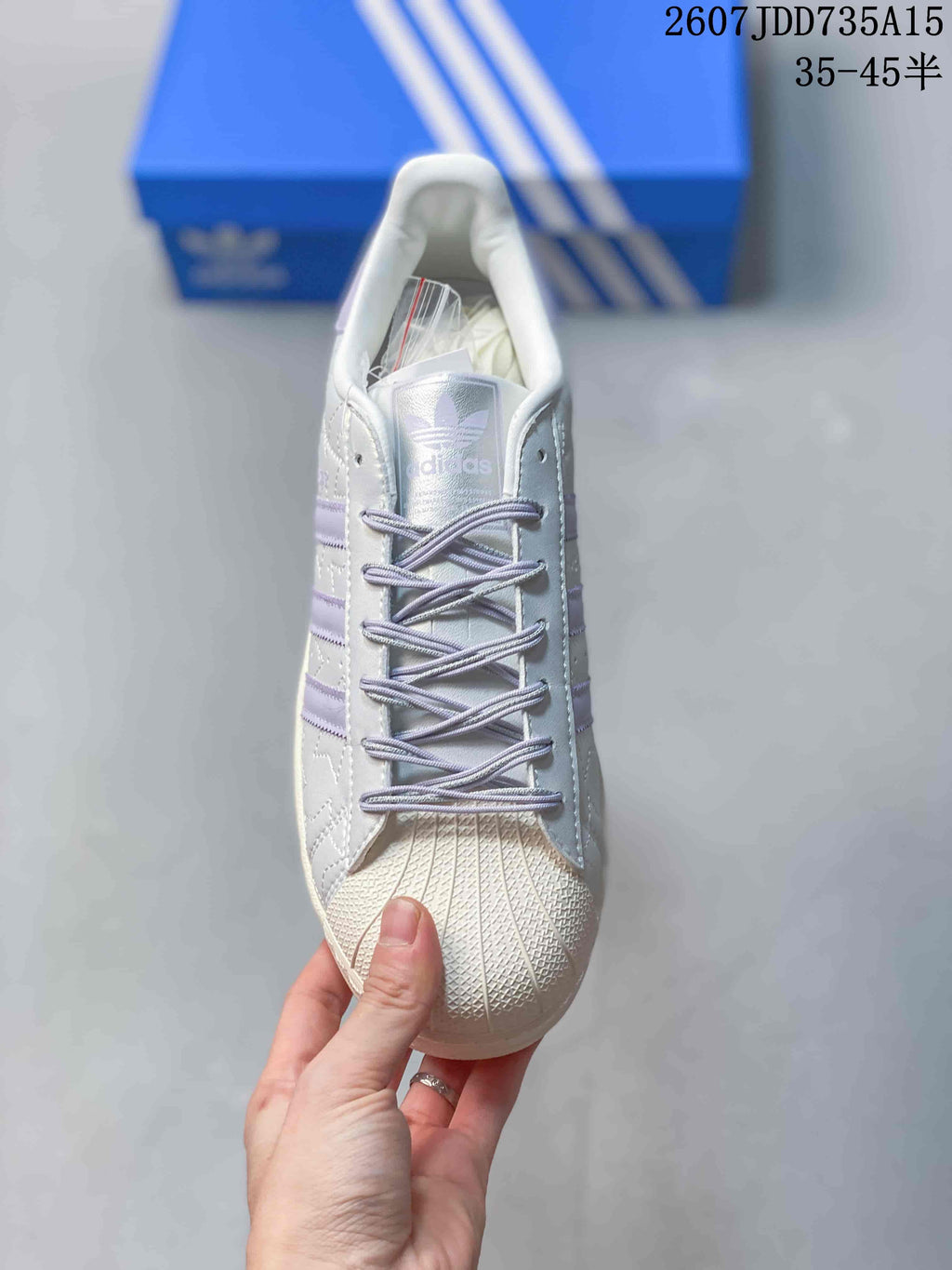 adidas Superstar White and Lavender Shell-Toe Trainers - product image from the listing.