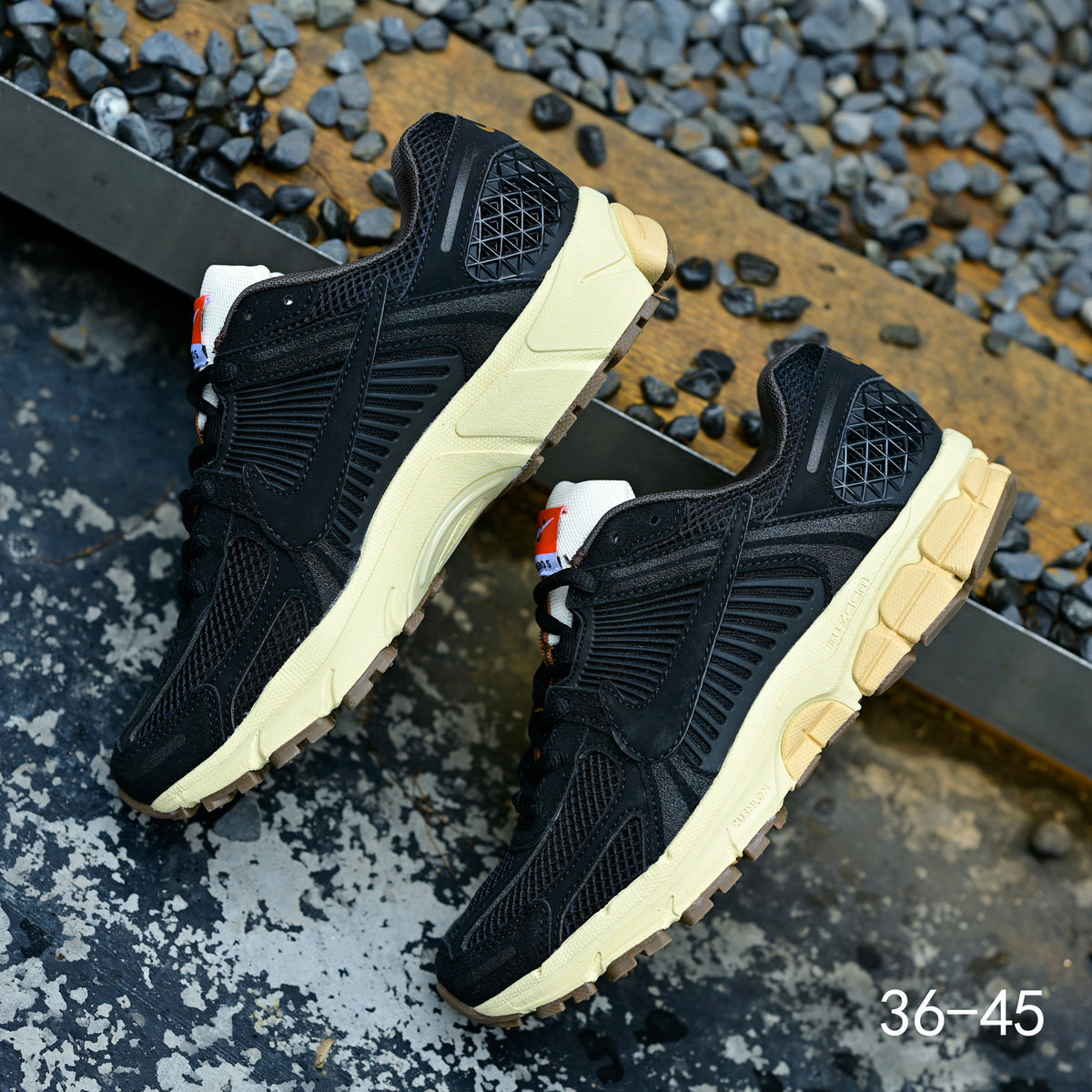 Black and Cream Nike Air Zoom Vomero 5 Sneakers - product image from the listing.