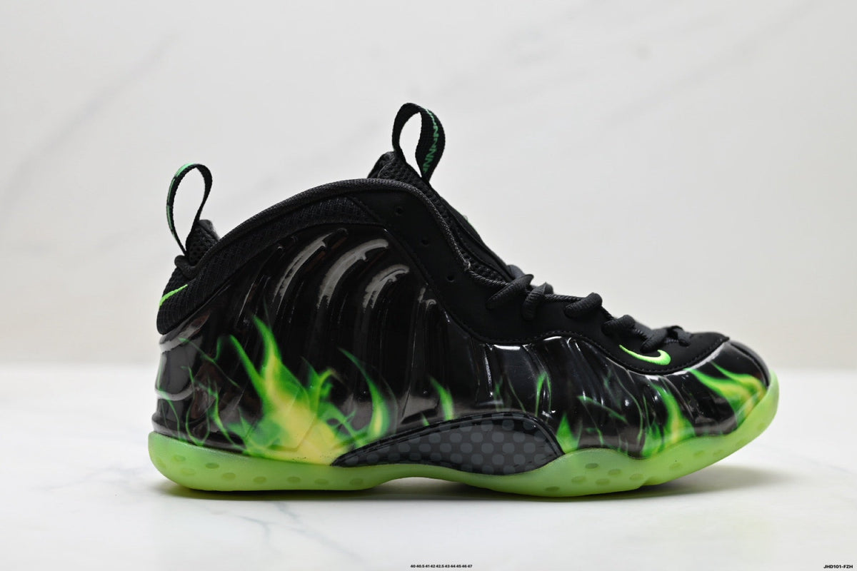 Nike Penny Hardaway Foamposite Sneakers, in Black and Volt Green - product image from the listing.