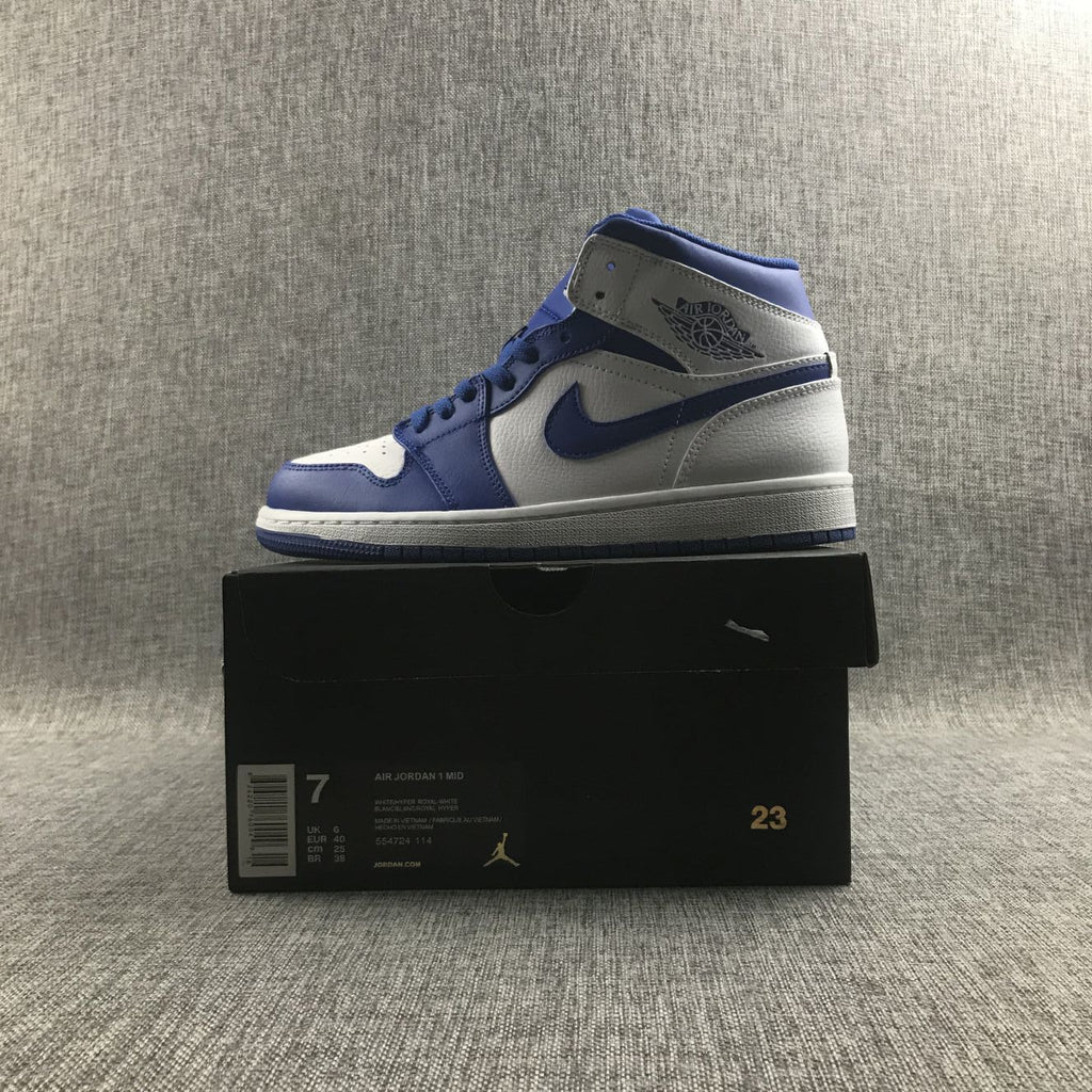 Hyper Royal Sneakers, White and Blue, - Jordan 1 Mid 554724-114 - product image from the listing.