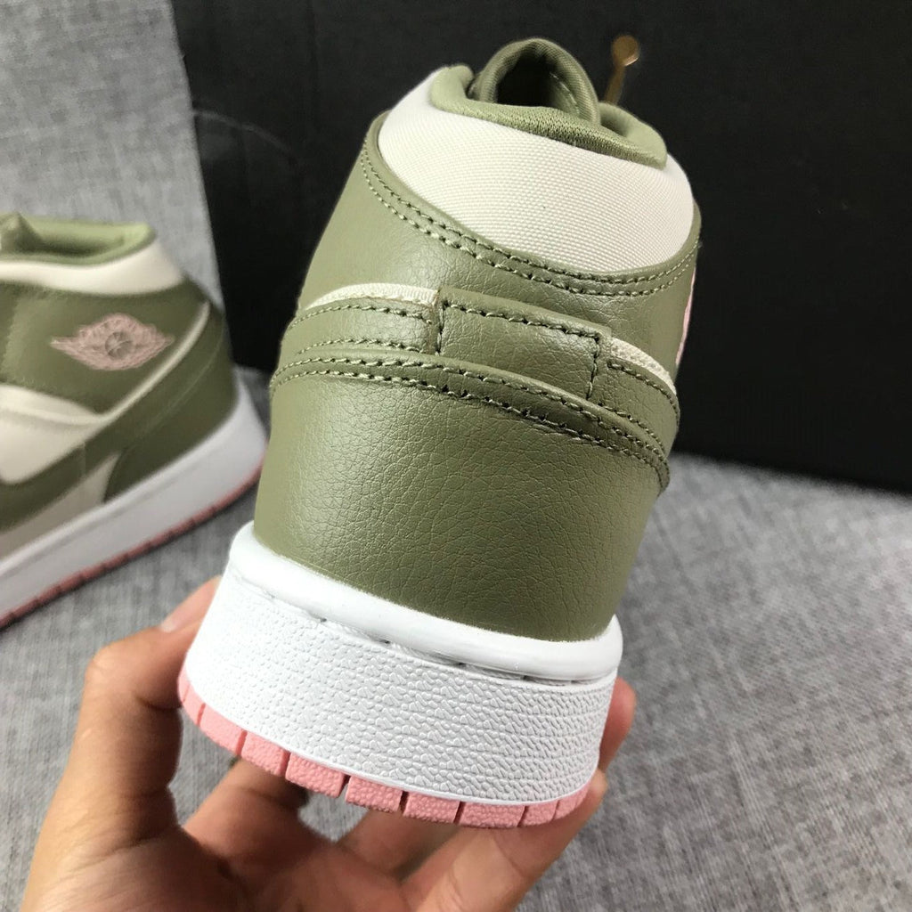 Olive Green and White Air Jordan 1 Mid GG Sneakers - product image from the listing.