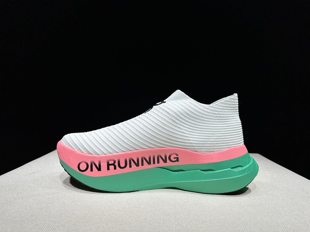 On Cloudboom Strike LS Running Shoes, in White Pink Green - product image from the listing.