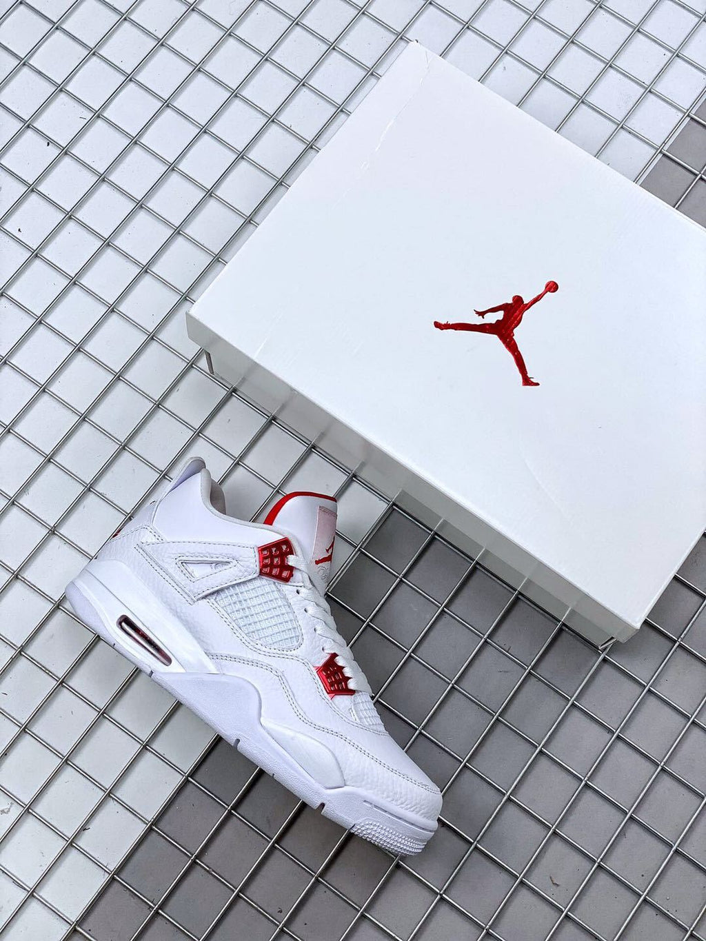 Air Jordan 4 Red Metallic White Red Sneakers - product image from the listing.