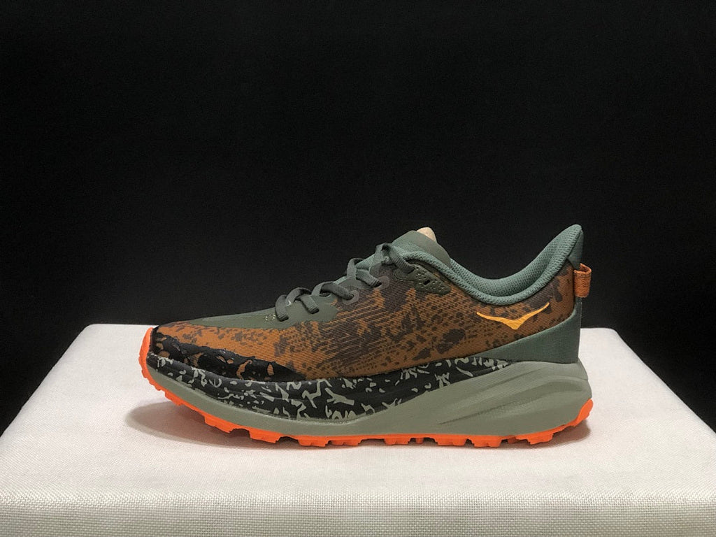 Olive and Orange HOKA Speedgoat 6 Trail Running Shoes - product image from the listing.