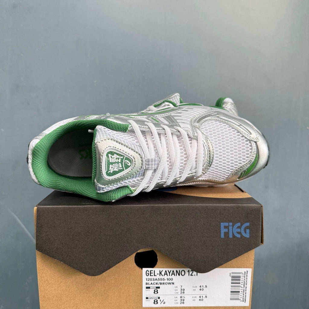 ASICS GEL-KAYANO 12.1 Sneakers in White Silver Green - product image from the listing.