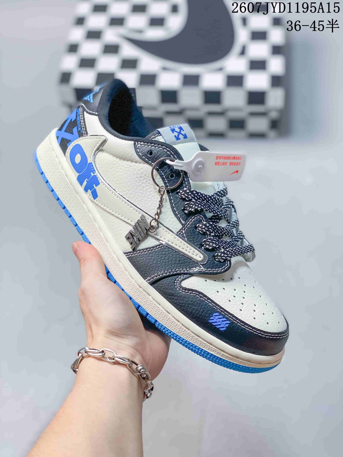 Air Jordan 1 Low OW-Style Sneakers in White, in Black and Blue - product image from the listing.