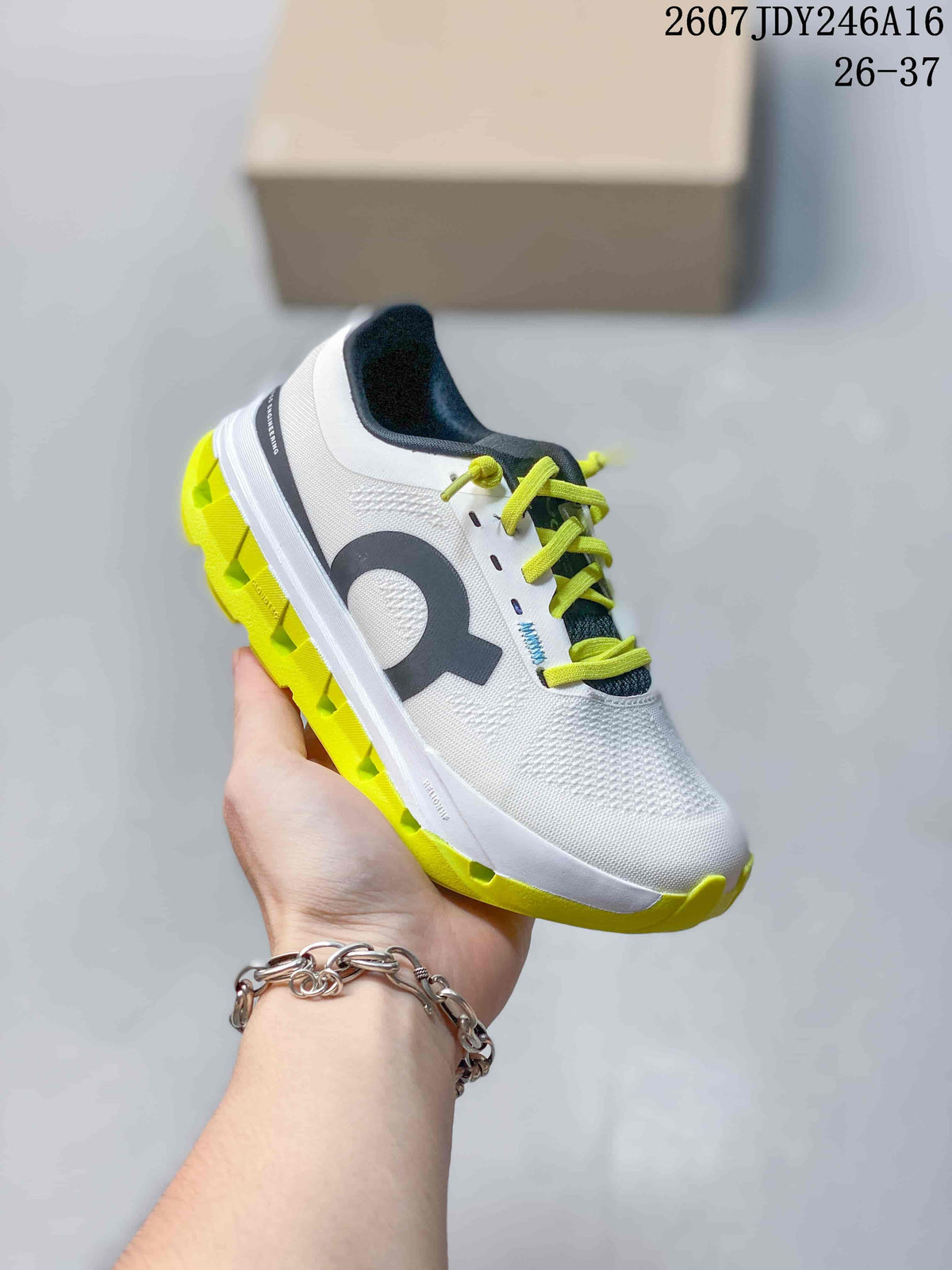 On Cloudstratus 3 Kids' Running Shoes in White and Lime - product image from the listing.