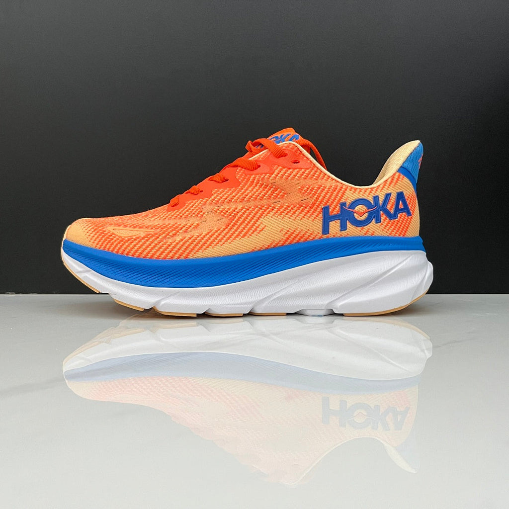 HOKA Clifton 9 Running Shoes, in Orange and Blue - product image from the listing.