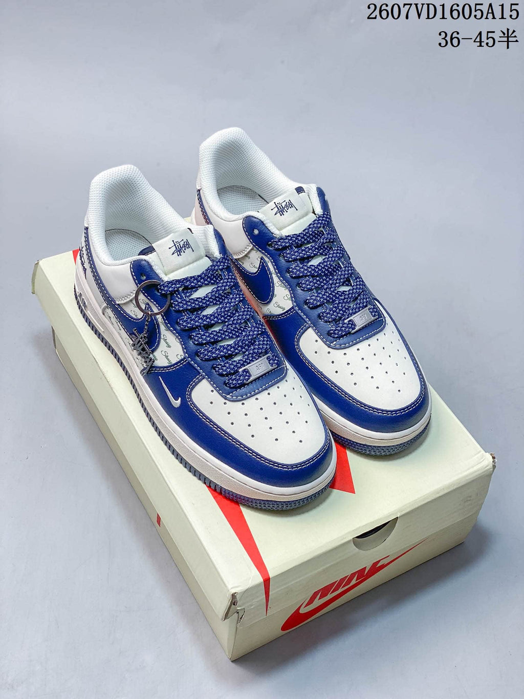 Nike Air Force 1 White Blue Custom Trainers Style 2607VD1605A15 - product image from the listing.