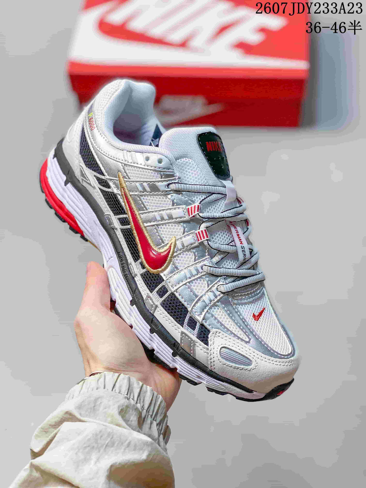 Nike P-6000 Premium Sneakers in White Silver Red 2607JDY233A23 - product image from the listing.