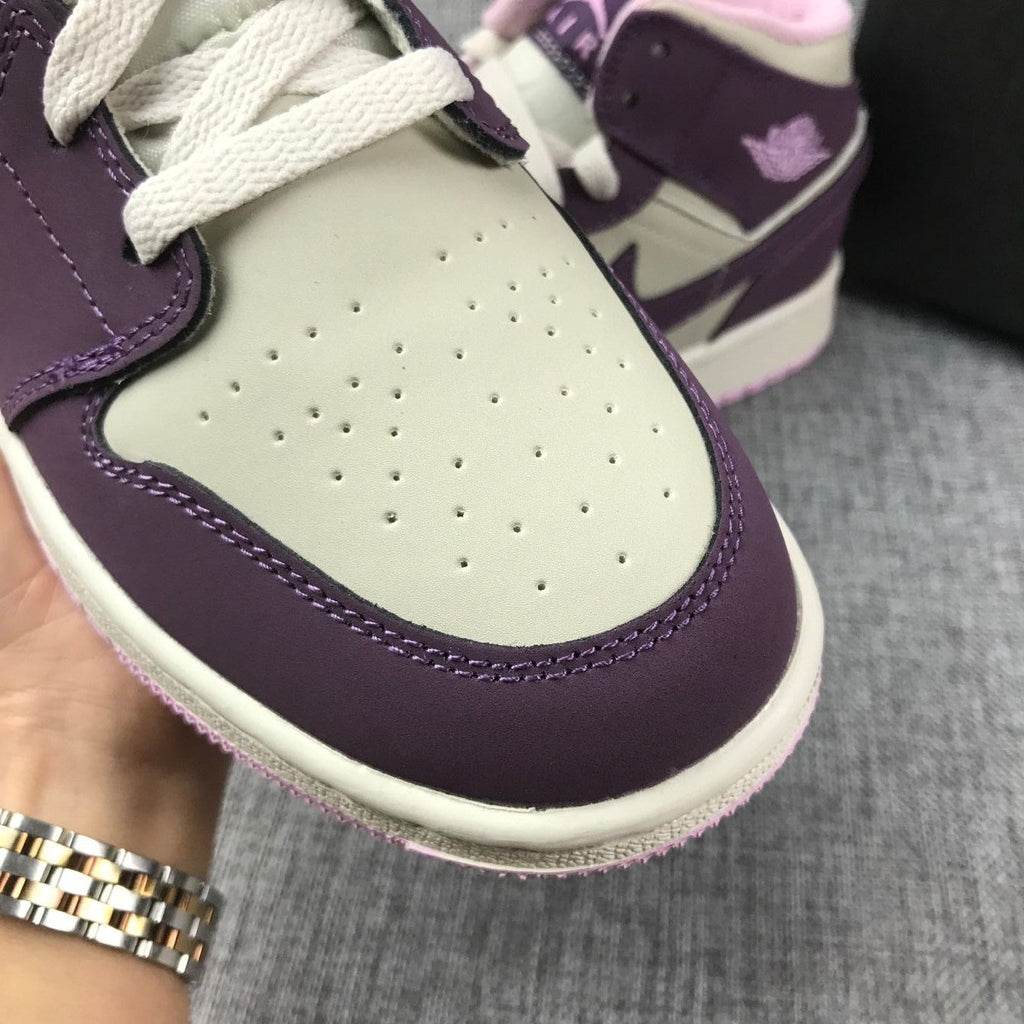 Air Jordan 1 Mid GS Sneakers in White Purple Pink - product image from the listing.