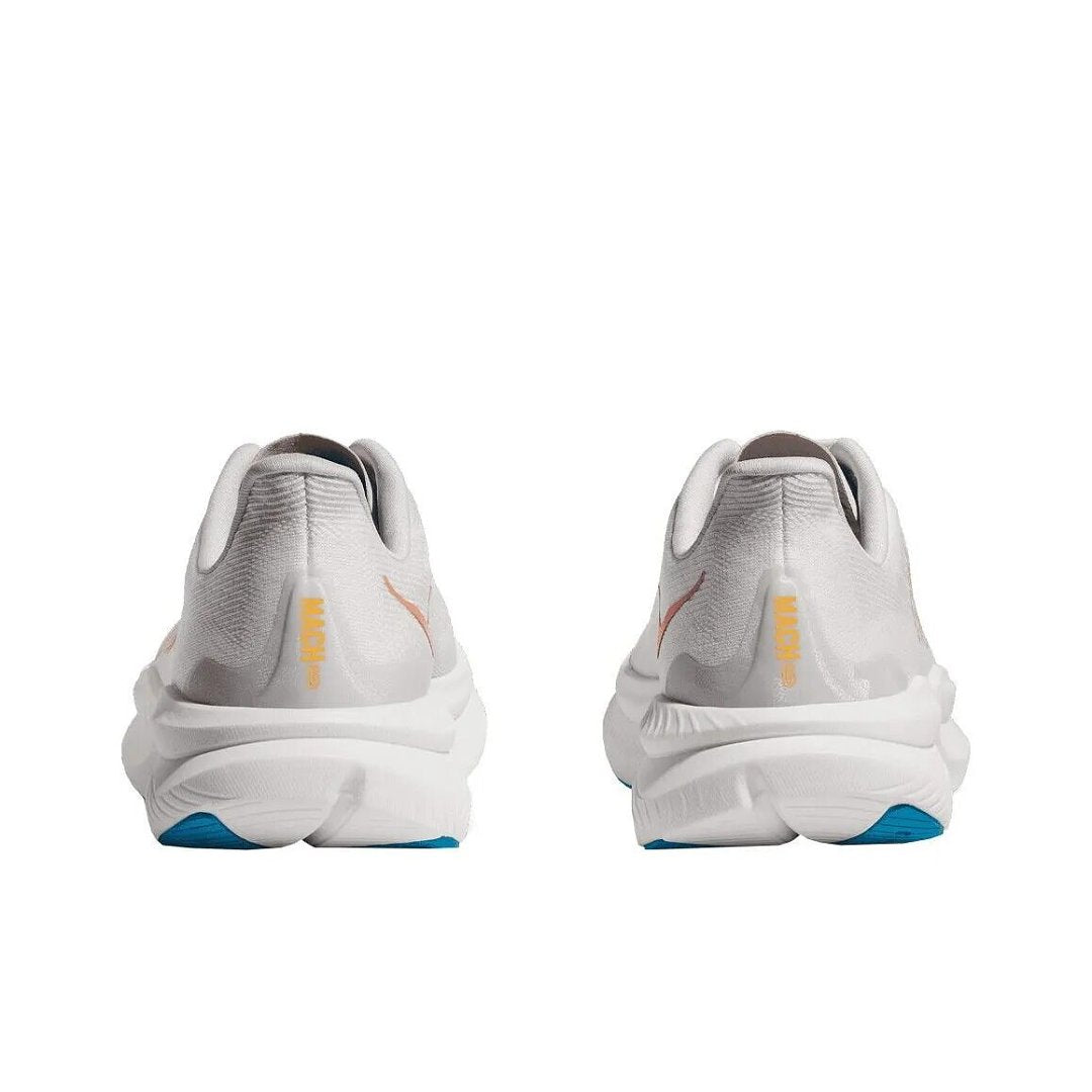 HOKA Mach 6 Running Shoes, White with in Coral and Blue - product image from the listing.