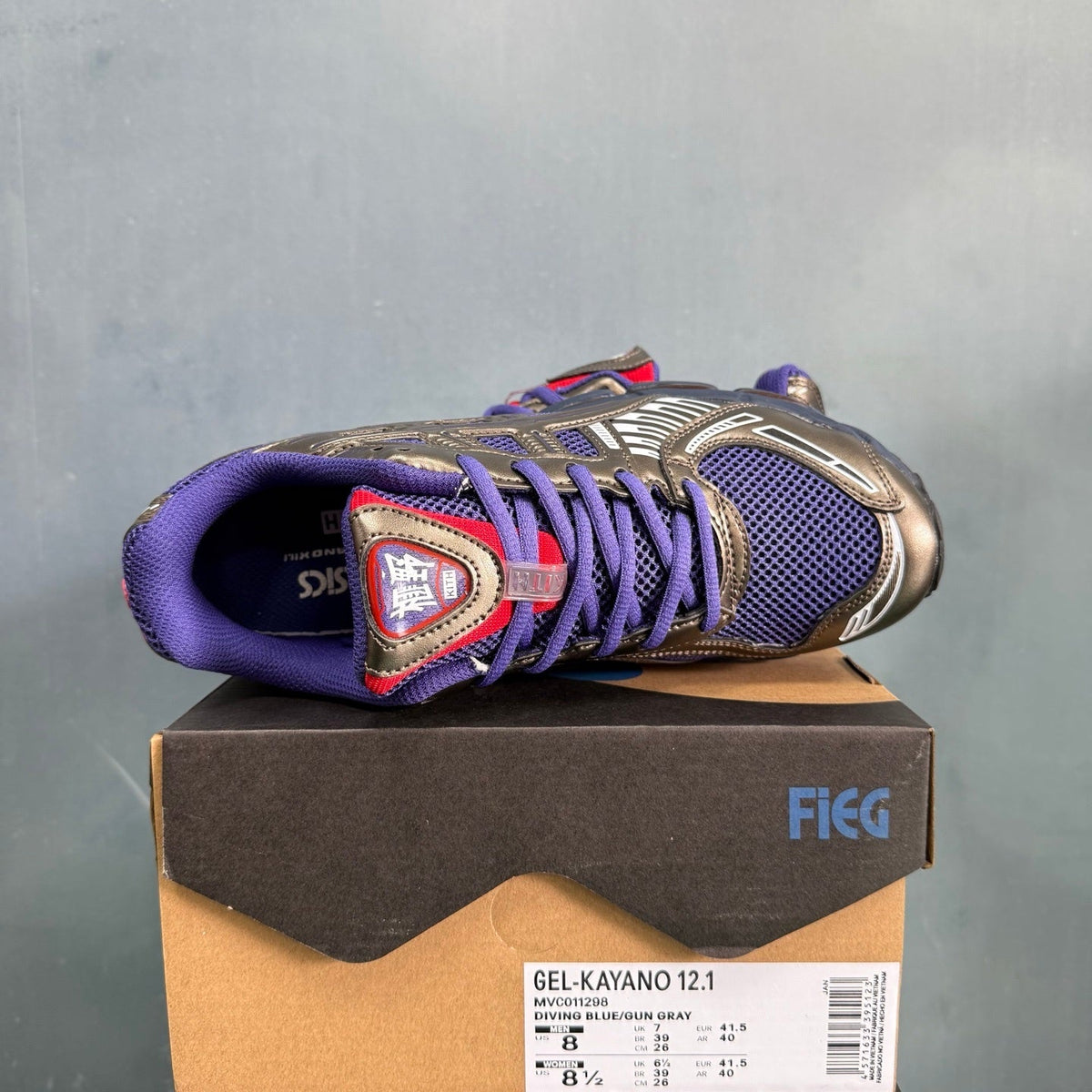ASICS GEL-KAYANO 12.1 Blue and Gunmetal Trainers - product image from the listing.