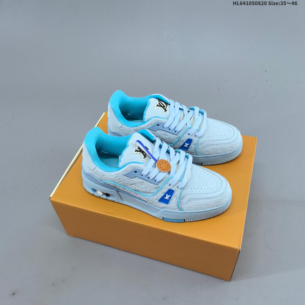 Louis Vuitton Trainer Low-Top Sneakers, in White and Green/Blue - product image from the listing.