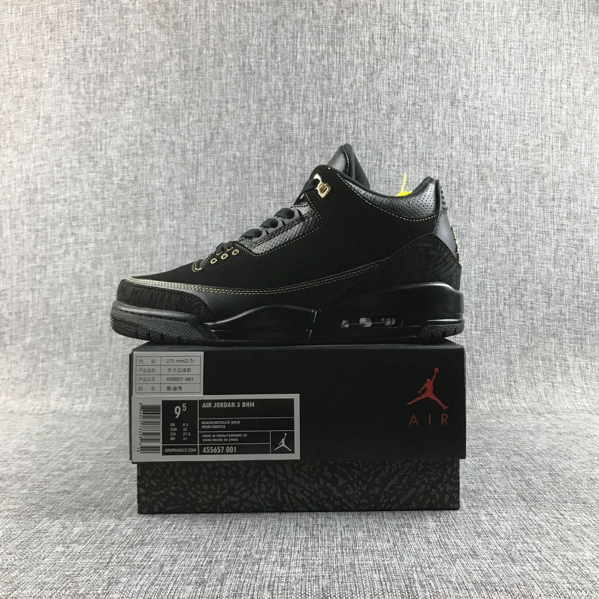 Air Jordan 3 BHM High-Top Sneakers in Black and Metallic Gold - product image from the listing.