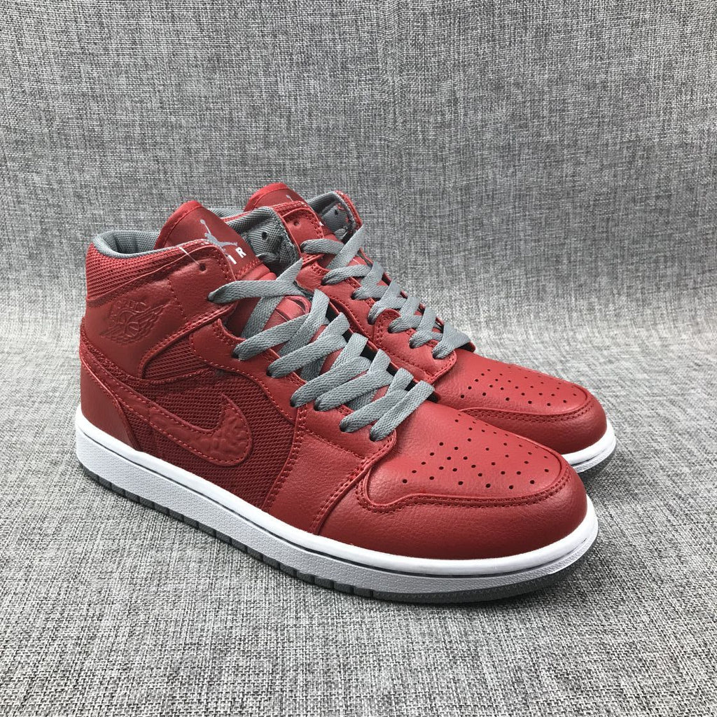 Red and Grey Jordan 1 Mid High-Top Sneakers - product image from the listing.