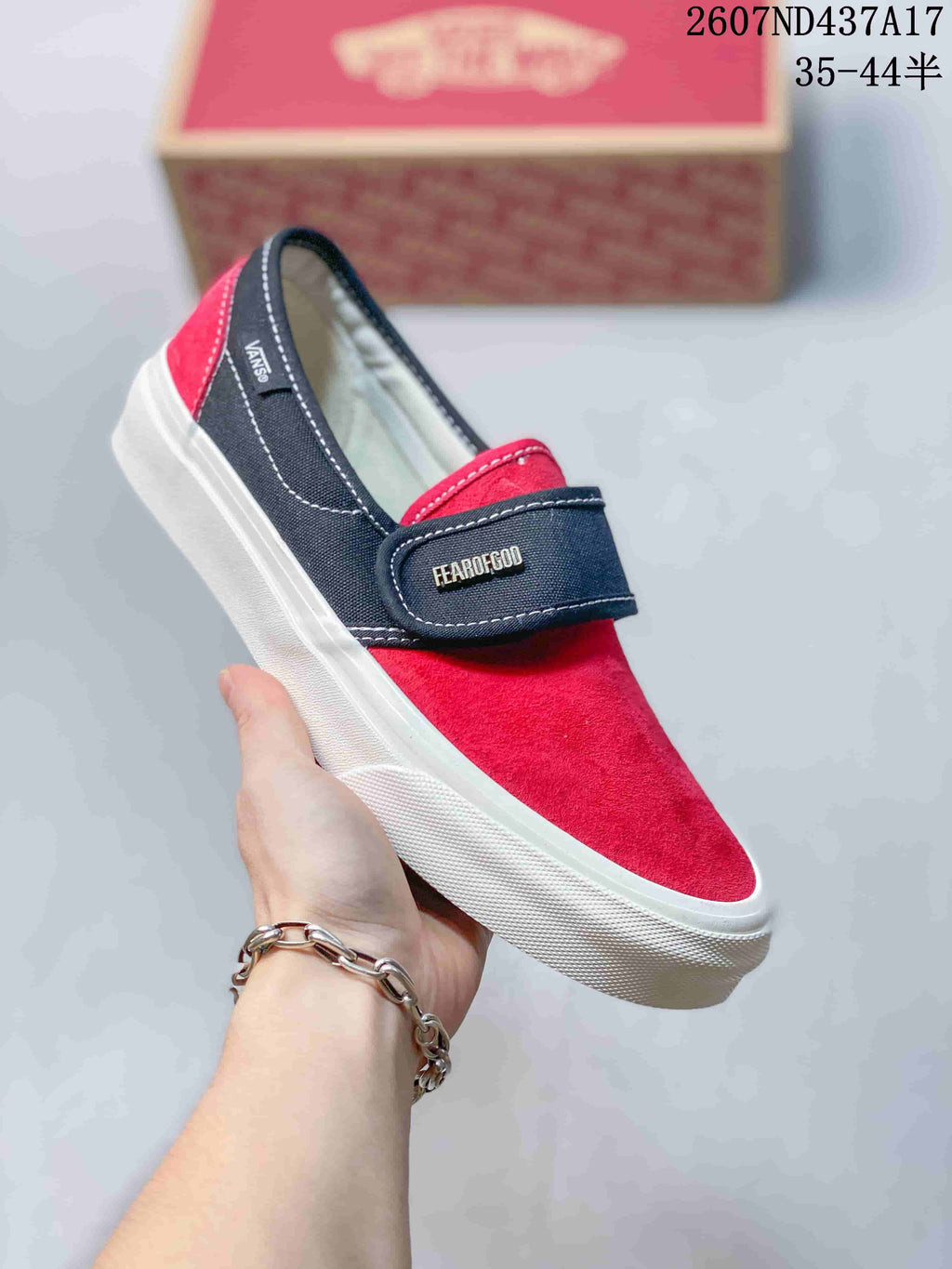 Vans Slip-On Trainers in Red/Navy and Checkerboard - product image from the listing.