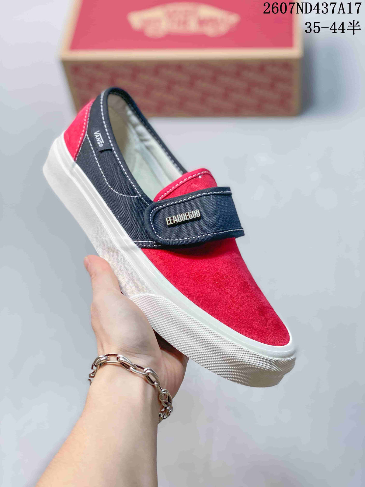 Vans Slip-On Trainers in Red/Navy and Checkerboard - product image from the listing.