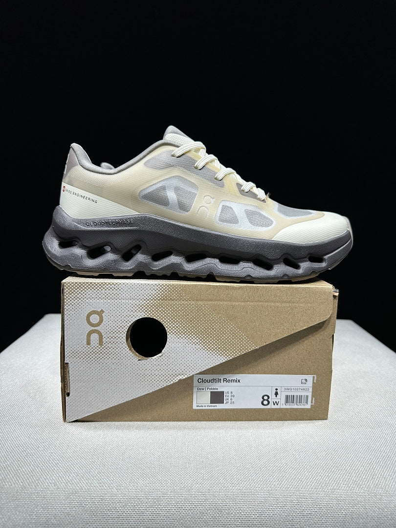 On Cloudtilt Remix Trainers in White and Pebble - product image from the listing.