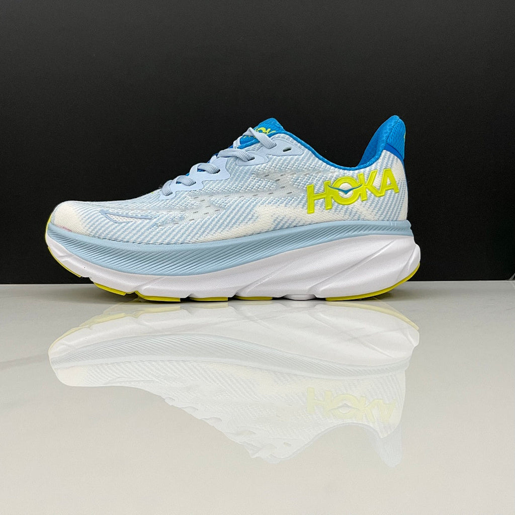 HOKA Clifton 9 Running Shoes, in Pale Blue and Lime - product image from the listing.