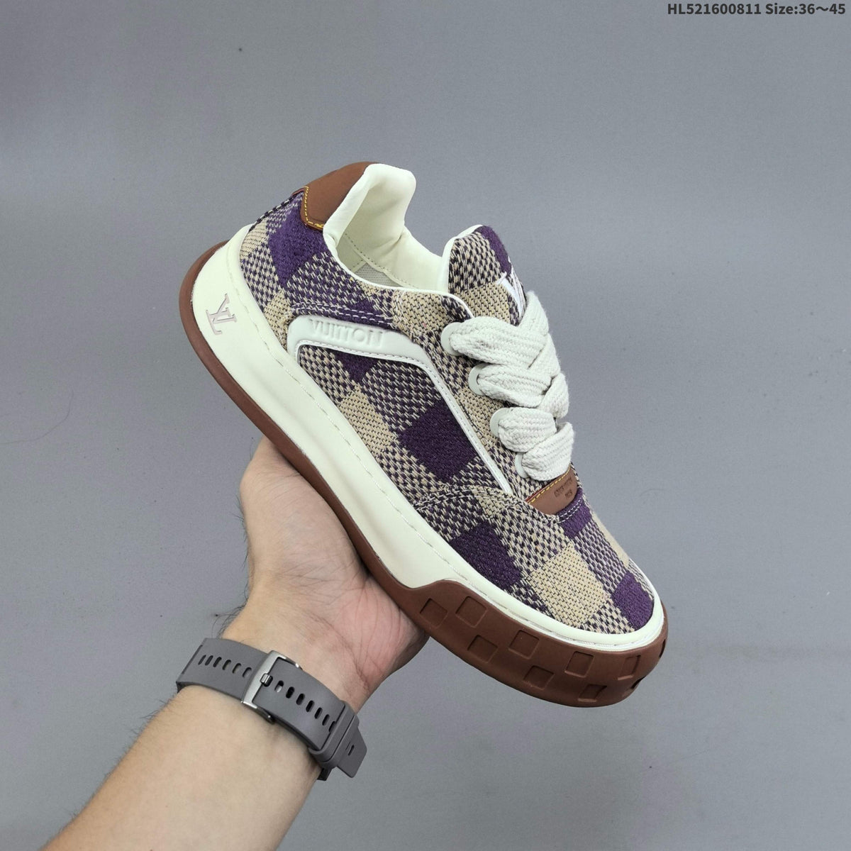 Louis Vuitton Trainer Low Trainers in Purple and Beige Check - product image from the listing.