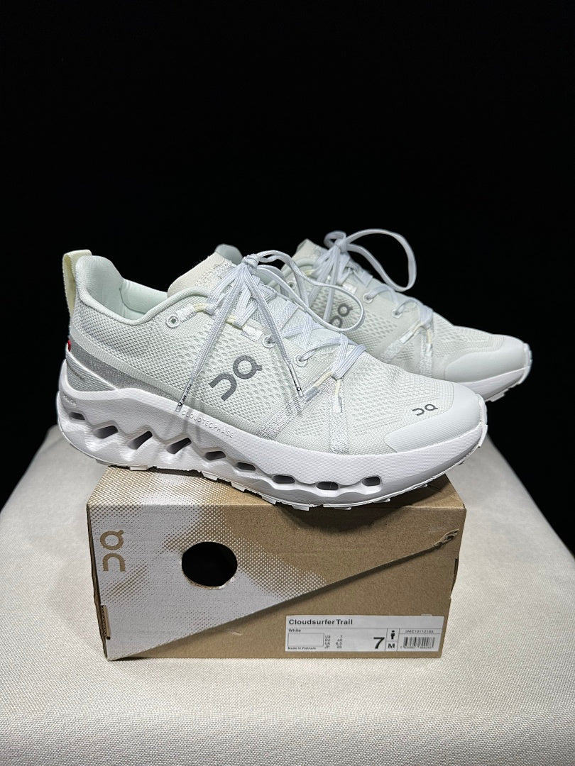 On Cloudsurfer Trail Trail Running Shoes in White - product image from the listing.