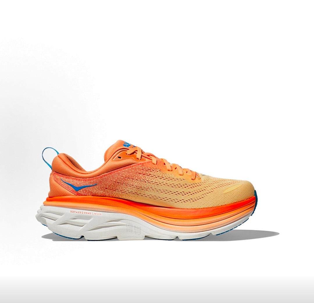 Orange and Blue HOKA Bondi 8 Running Shoes - product image from the listing.
