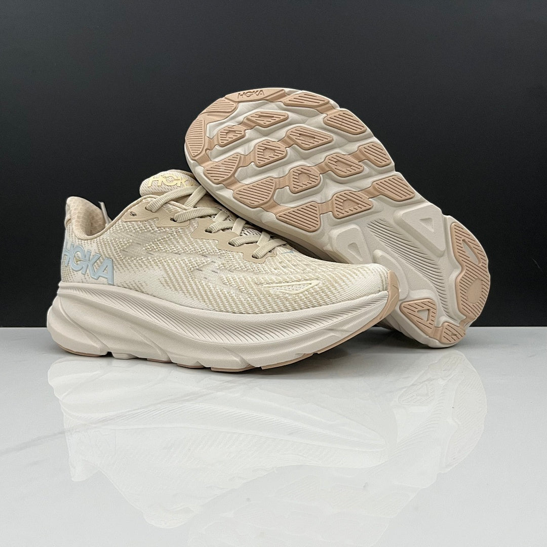 Beige and Tan HOKA Clifton 9 Running Shoes - product image from the listing.