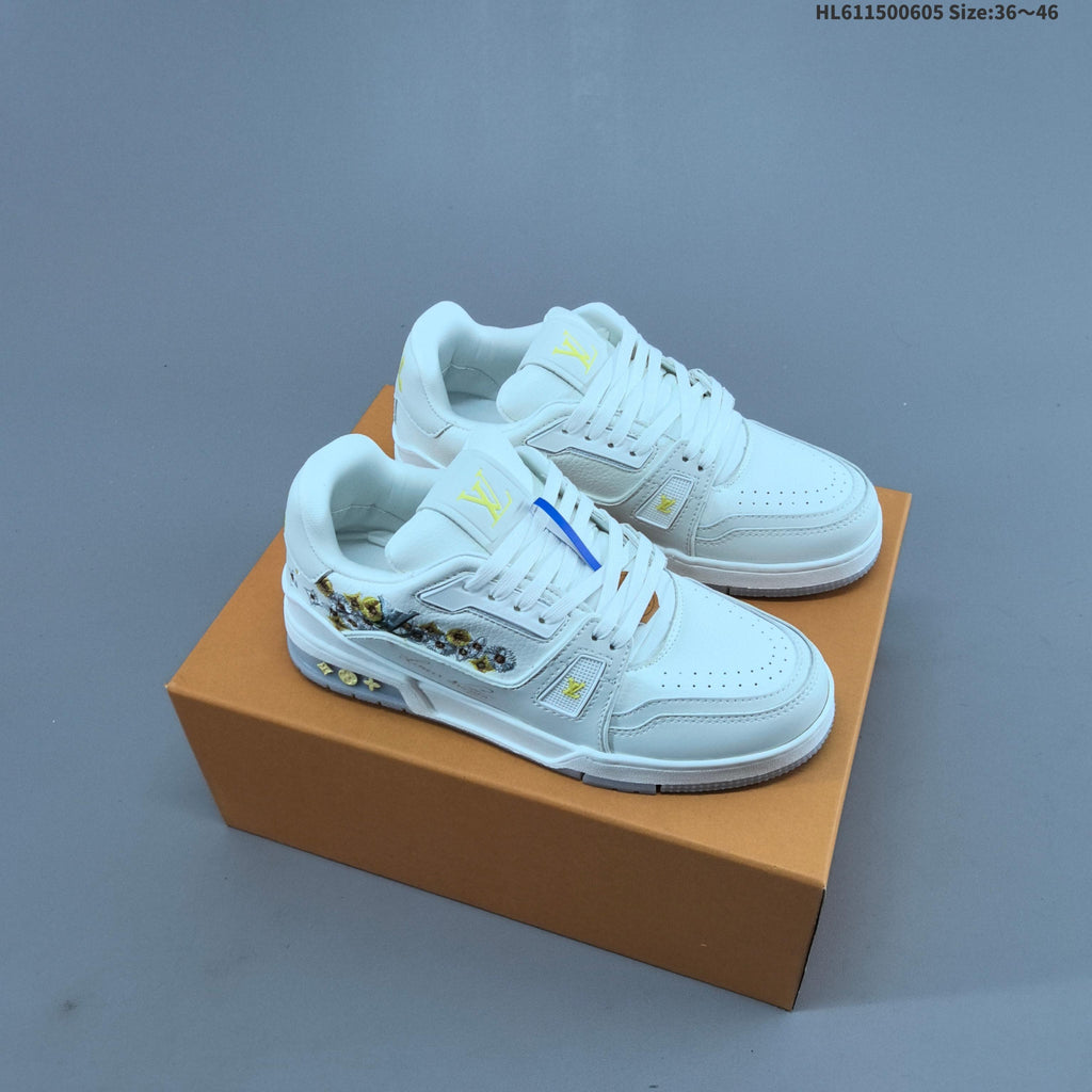 Louis Vuitton Low-Cut Sneakers in White with Floral or Black Trim - product image from the listing.