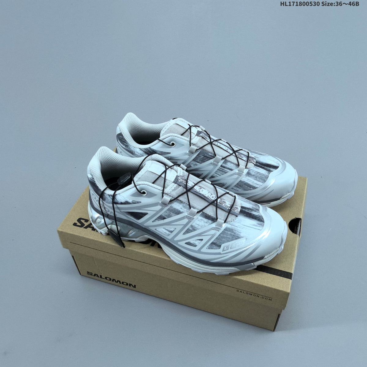 Salomon XT-6 Trail Running Shoes, in White and Grey - product image from the listing.