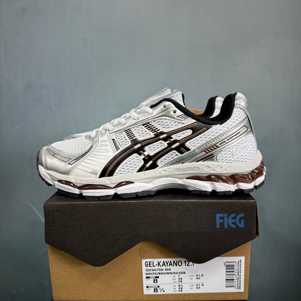 ASICS GEL-KAYANO 12.1 Sneakers in White Brown Silver 1203A759-104 - product image from the listing.