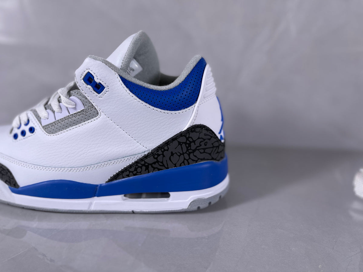 Jordan 3 Retro Basketball Sneakers in White and Royal Blue - product image from the listing.