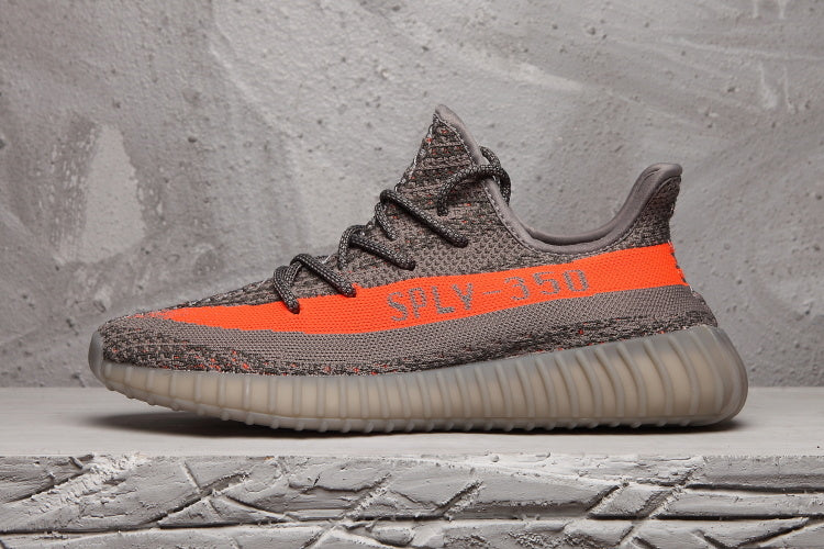 Charcoal and Bright Orange Yeezy 350 V2 Sneakers - product image from the listing.