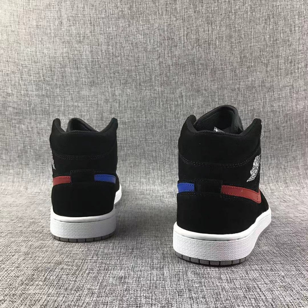 Jordan 1 Mid Sneakers in Black Red Blue 554724-065 - product image from the listing.