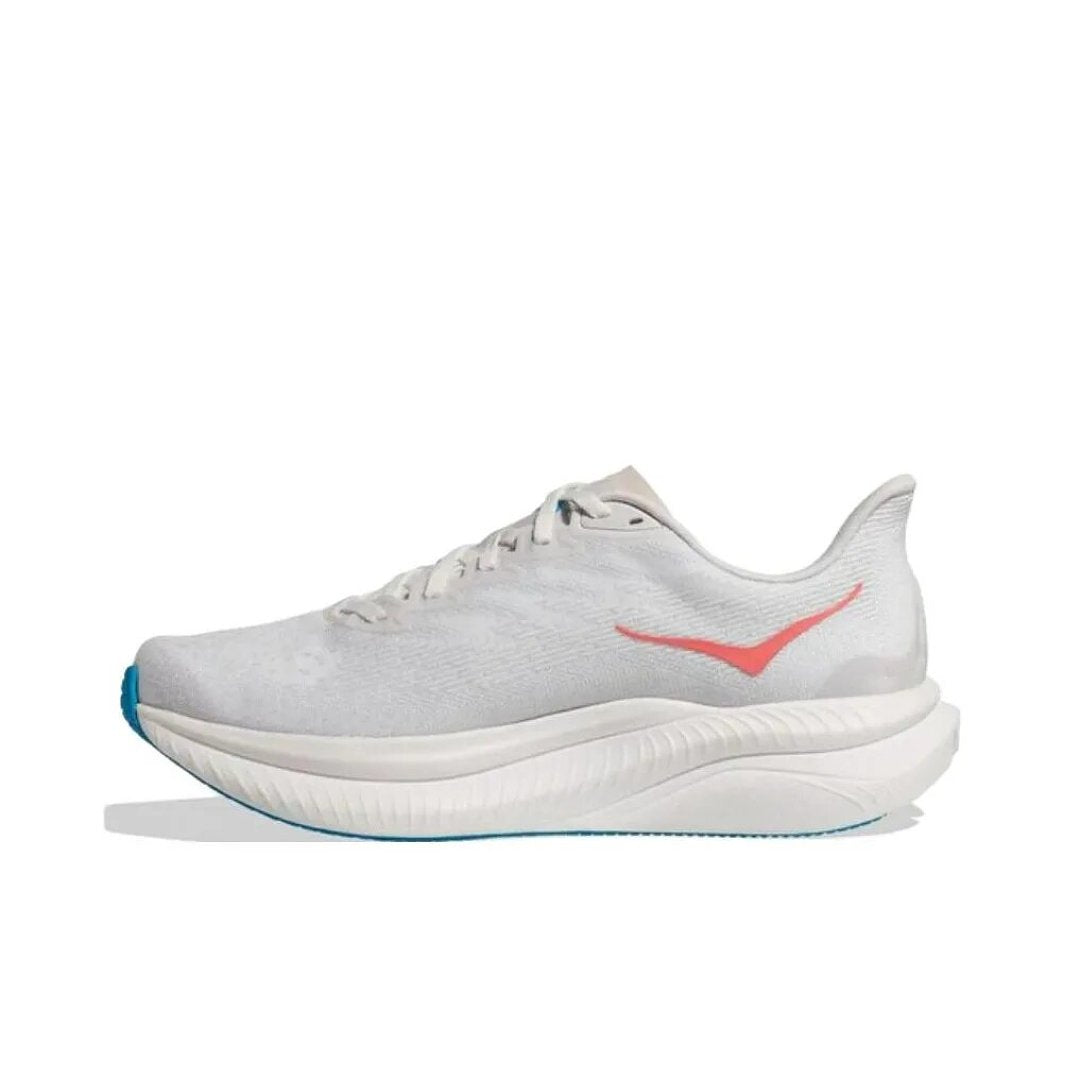 HOKA Mach 6 Running Shoes, White with in Coral and Blue - product image from the listing.
