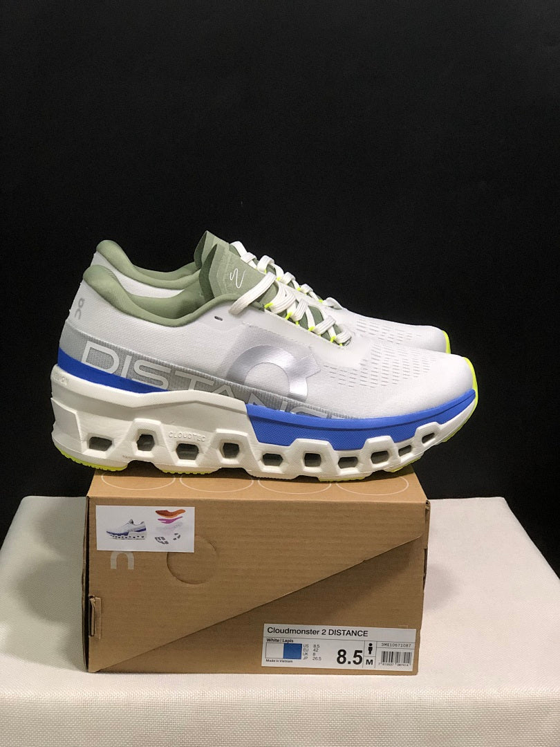 On Cloudmonster 2 Distance Running Shoes in White and Blue - product image from the listing.