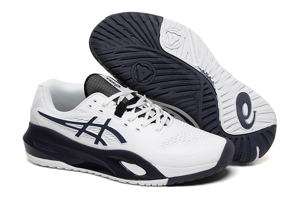 ASICS Gel-Resolution White and Navy Tennis Footwear - product image from the listing.