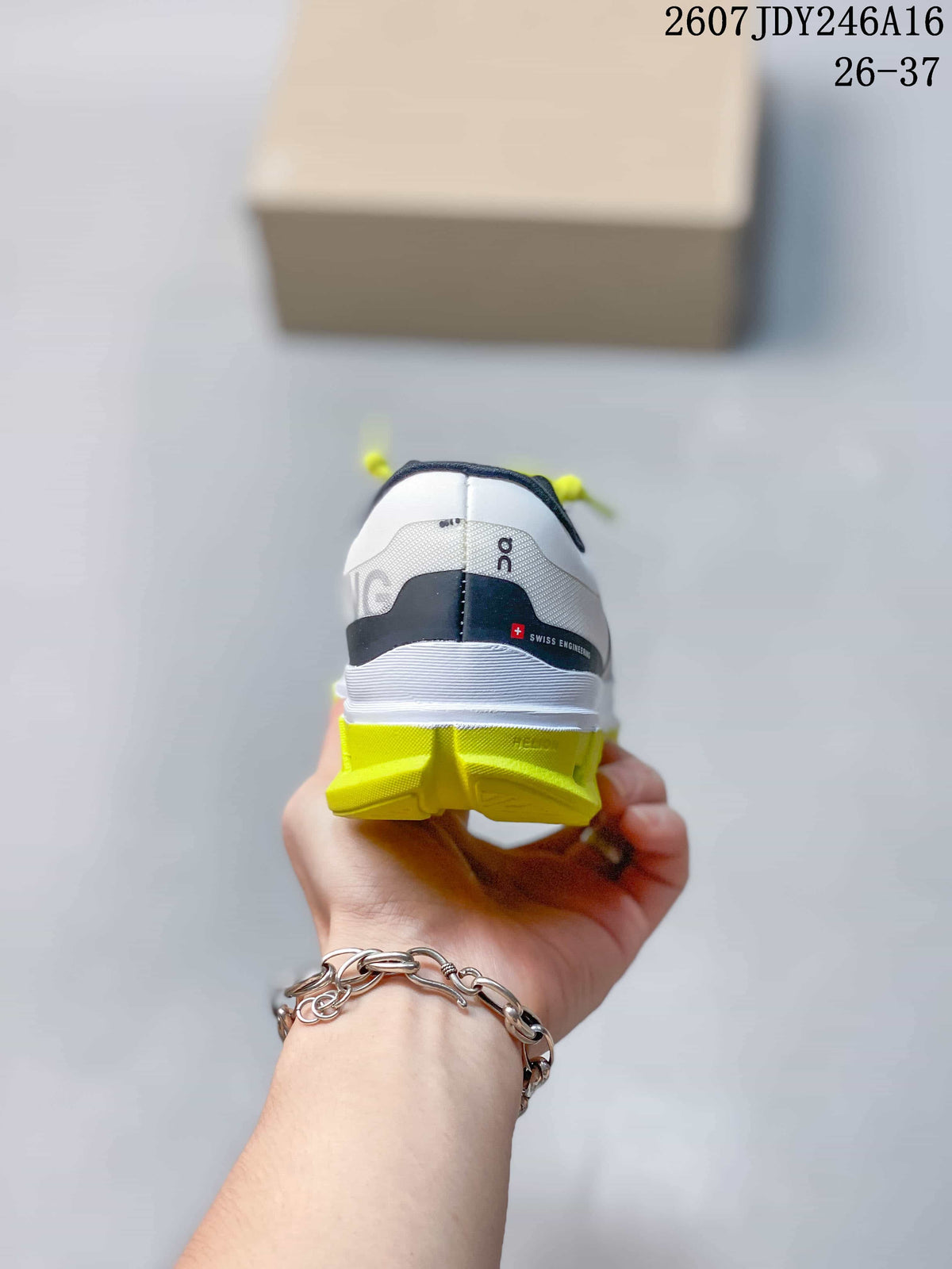 On Cloudstratus 3 Kids' Running Shoes in White and Lime - product image from the listing.