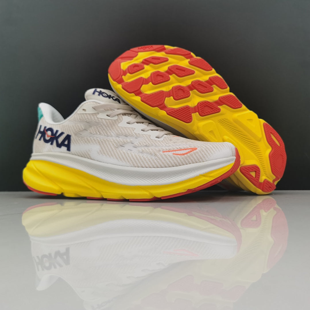 Cream and Yellow HOKA Clifton 9 Running Shoes - product image from the listing.