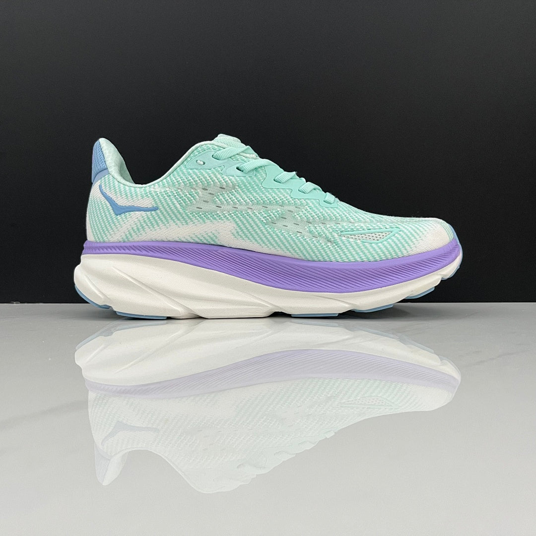 HOKA Clifton 9 Running Shoes, in Mint Green and Purple - product image from the listing.