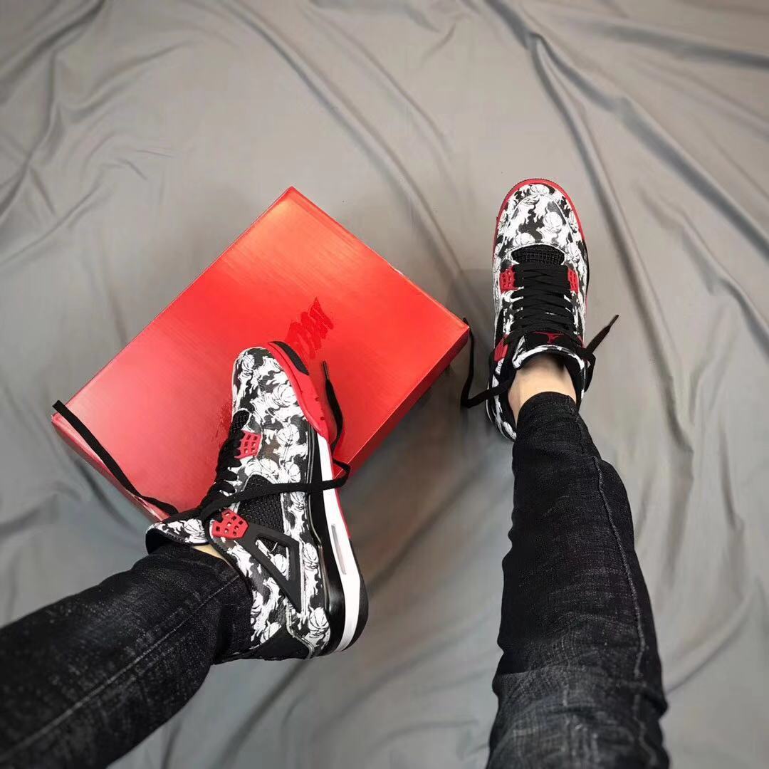 Air Jordan 4 Tattoo Black White Red Sneakers - product image from the listing.