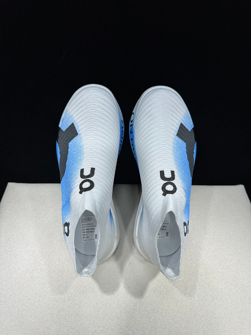 On Cloudboom Strike LS Running Shoes, in White and Blue - product image from the listing.