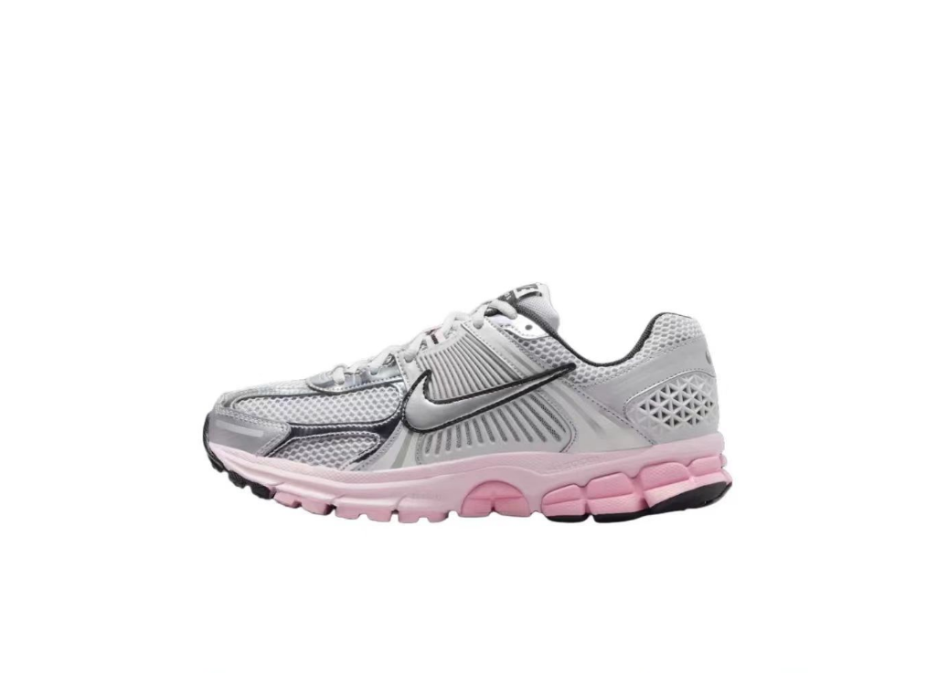 Nike Air Zoom Vomero 5 Running Shoes, in Grey and Pink - product image from the listing.