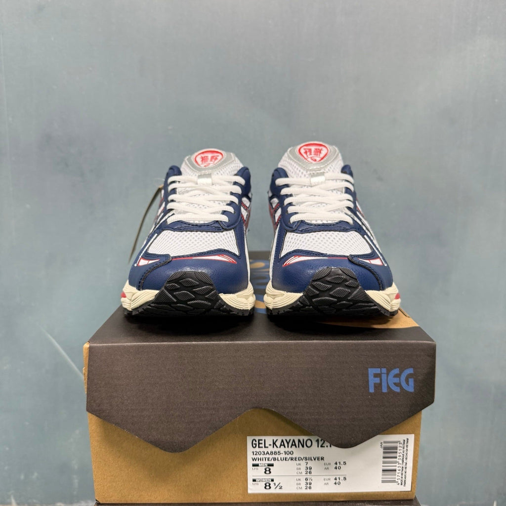 ASICS GEL-KAYANO 12.1 Sneakers in White Blue Red 1203A885-100 - product image from the listing.